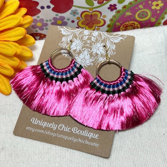 Artisan Handmade Jewelry - Med Fan Tassel Earrings Pink Hoops Smooth Shiny Silky Fringe Drop Dangles NWT